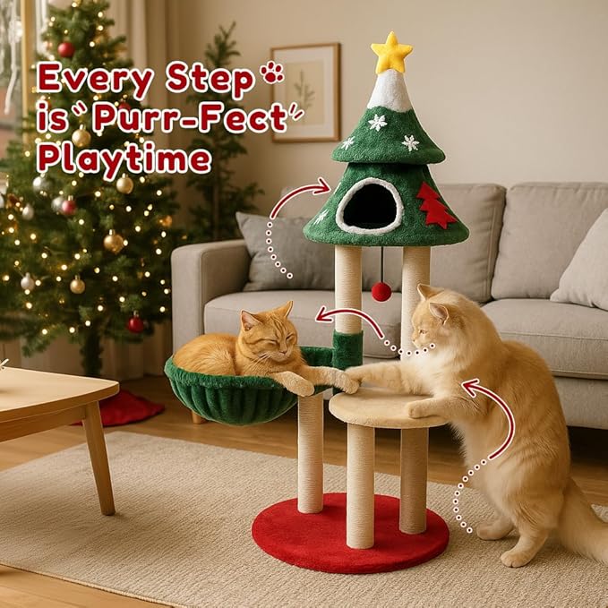 LUCKLIFE 48" Christmas Cat Tree with 2 Cozy Houses,Indoor Modern Cats Tower with Anti-Tip Kit,Plush Perches & Hanging Balls,Holiday Cat Climbing Furniture for Kittens to Play and Sleep