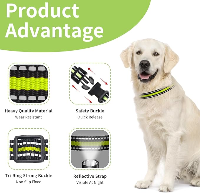Puppy Collars, Modern Stylish Reflective Dog Collars, Adjustable Dog Collar for Small Medium Large Dogs Boy Girl, Replacement Collar for Shock Collar, E Collar Replacement Strap(Black & Green)