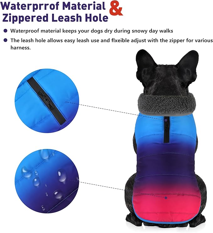 Dog Winter Coat, Waterproof Dog Jacket with Leash Hole, Reflective Adjustable Pet Snow Vest, Warm Fleece Sweater for Small Medium Large Dogs - Gradient Blue, XS