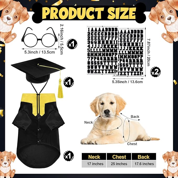 5 Pcs Dog Graduation Costume Set Include 2026 Pet Graduation Gown with Stole Puppy Grad Cap Lensless Glasses DIY Letter Stickers for Dogs Cats Holiday Costume Accessory(Black Yellow,L)