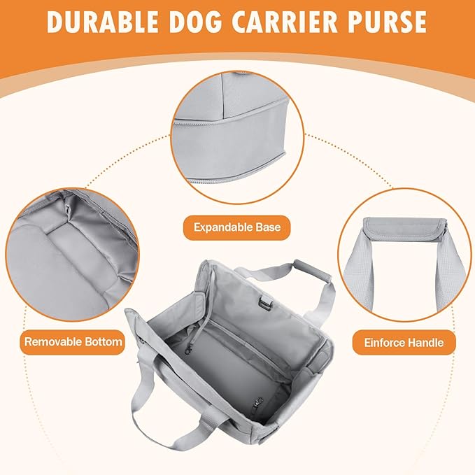 Dog Purse Carrier for Small Dogs Under 10 lbs with Pockets Adjustable Soft Sided Pad Extendable Dog Carriers Tote for Puppies with Safety Leash Clip for Travel Shopping (Gray)