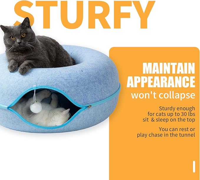 Peekaboo Cat Tunnel for Large Cats up to 30 lbs, Features A Jingle Ball, Removable and Washable Tunnel Bed, and a Cozy Donut Tunnel (Blue, 24 Inches)