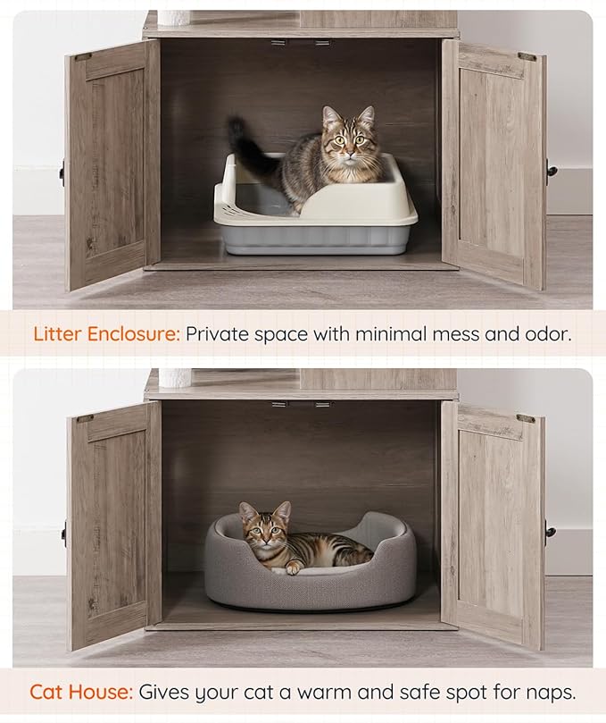 HOOBRO Cat Tree with Litter Box Enclosure, Tall Cat Tower for Indoor Cats, All-in-One Modern Cat Condo, Hidden Litter Box Enclosure Furniture, with Cat House, Sisal Posts, Greige and White BG51MZ03