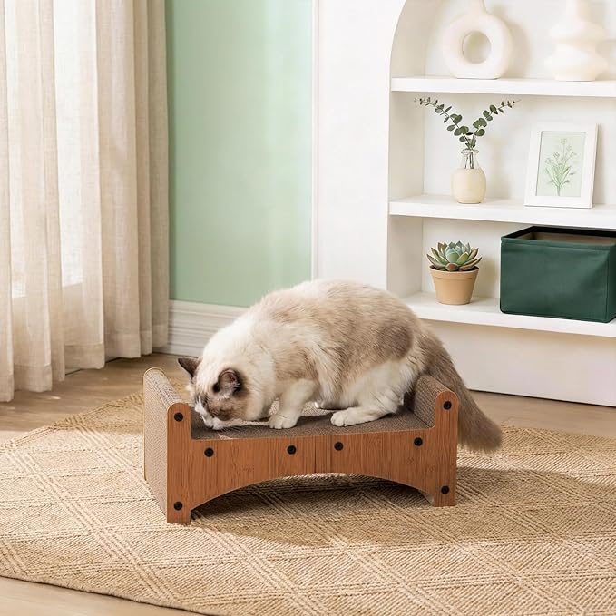 Avont Cat Scratcher Lounge, 3-in-1 Reversible Cardboard Scratching Bed, Horizontal Lounger for Indoor Cats Kittens - Light Brown