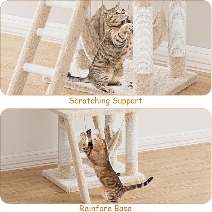 55 Inch Multi-Level Cat Tree Tower with Condo, Plush Perches, Scratching Posts, Hammocks, and Play House, Beige