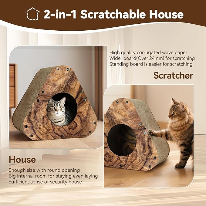 Cat Scratcher House, Cozy Cardboard Design, Safe and Secure for Kittens, Eco-Friendly, Wood Grain (Triangles)
