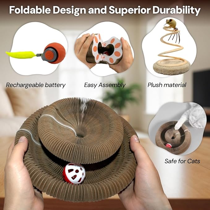 Kitty Kurlz Cat Toy - Interactive Cat Scratcher Set with Flexible Cardboard Accordion, Plush Mouse & Magic Organ Toy - 3-Pack Entertainment Bundle for Indoor Cats