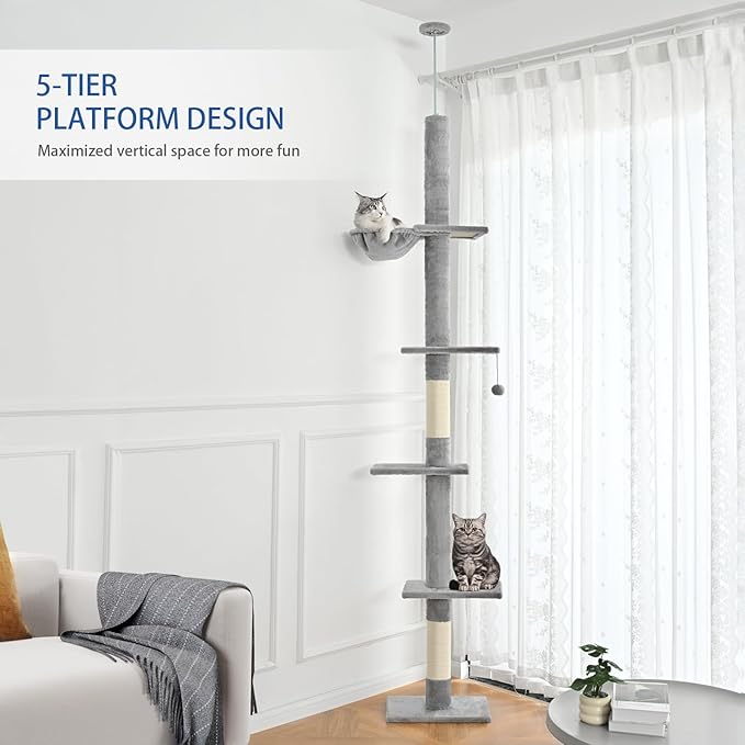 Cat Craft Floor to Ceiling Cat Tree,5 Tiers Tall Cat Tower with Adjustable Height(98-110),Skinny Ceiling Cat Tree with Cozy Hammock,Sisal Scratching Posts,Platforms,and Hanging Balls for Large Cats