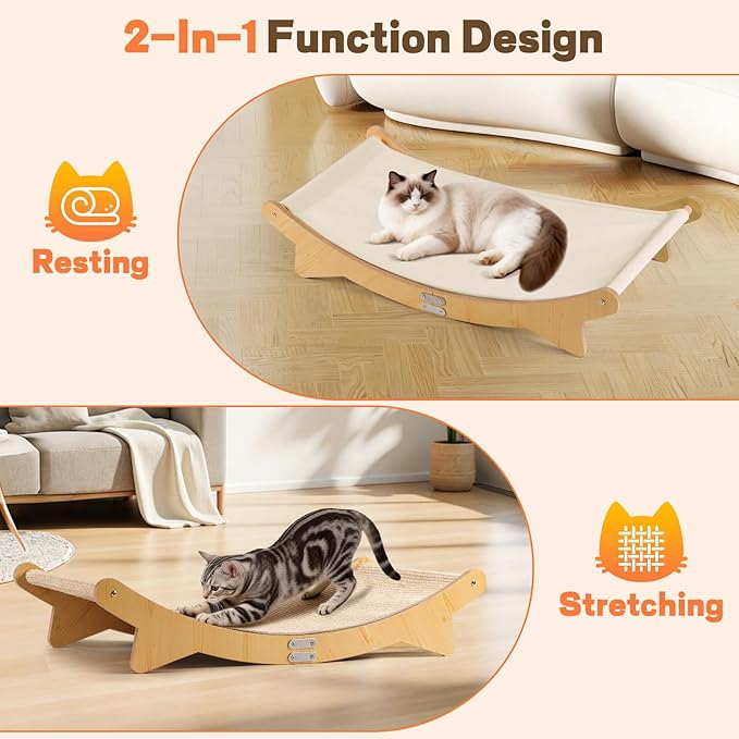Cat Scratcher Bed, Sisal Cat Bed Hammock with Sisal Pad and Cloth Pad for Indoor Cats Wooden Cats Furniture for Scratching and Resting