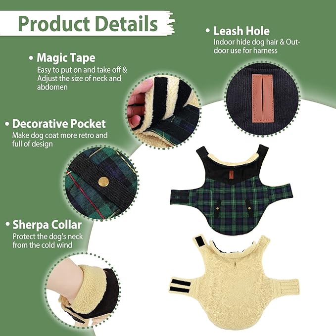 Winter Coat for Small and Medium Dogs, Puppy Plaid Jacket, Cotton Coat for Cold Weather, Windproof Warm Dog Garments, Pet Thickened Outfits Indoor Outdoor, Green XS