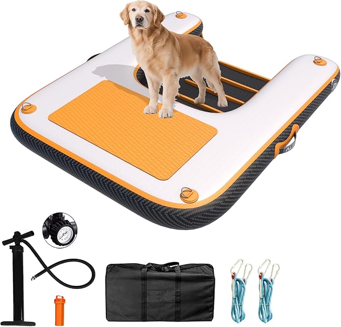 ALIFUN Inflatable Dog Ramp Floating Dock Water Raft Ladder for Pool, Boat, Non-Slip EVA Floating Ladder for Dog Up to 220 LBs Purple 140CM Length (Black-Orange, for Large Dogs Up to 230 lbs)