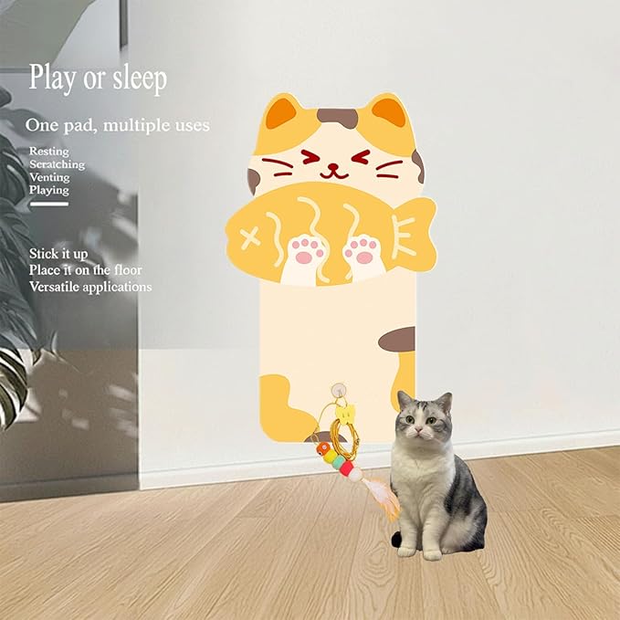 Wall-Mounted Cat Scratcher, 2025 Upgraded Indoor Cat Wall Scratcher — Self-Adhesive Double-Sided Tape, Trimable Scratching Surface, Suitable for Walls/Sofas/Floors (IncludesToy) (Gluttonous Cat)