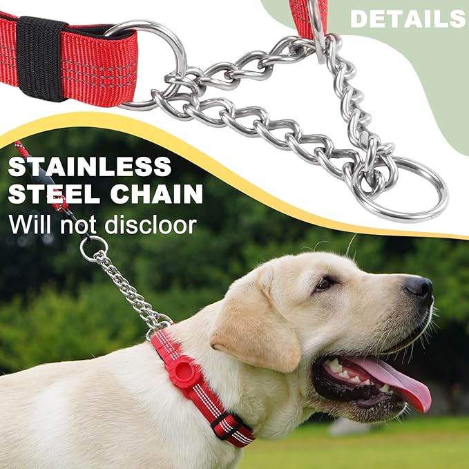 Cymiler Martingale Dog Collar with AirTag Holder, Reflective Nylon Training Collar, Stainless Steel Chain, Heavy Duty Buckle, Limited Slip Collars for Small Medium Large Dogs (Red, X-Large)