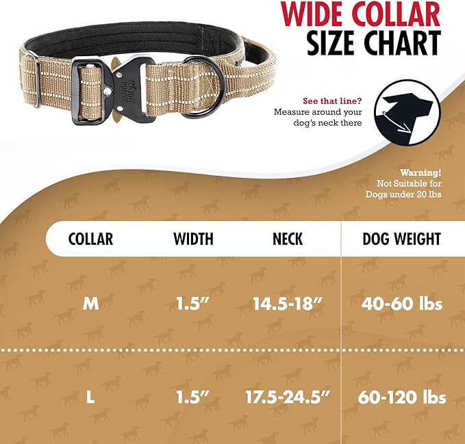 Tuff Pupper Tactical Dog Collar with Handle | Heavy Duty Adjustable Dog Collar | Military Nylon Collar for Large Dogs | Quick-Release Buckle | Soft Padded Comfort | Training Control (Tan, Large)