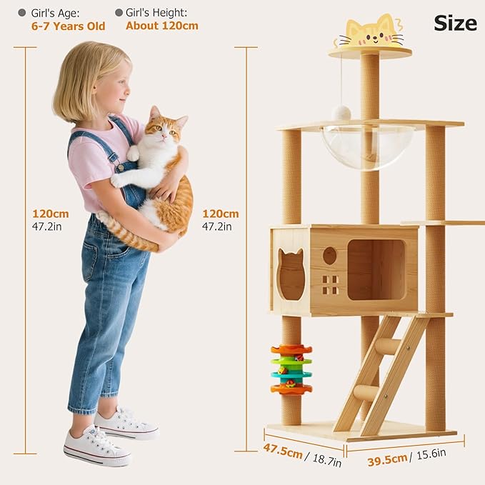 Large Cat Tree,120 Tall Wooden Cat Tower with Spacious Cave,Transparent Space Capsule,8 Fully Scratching Posts and Natural Wood Posts, Kitty Condo with Multi-Layer Platform