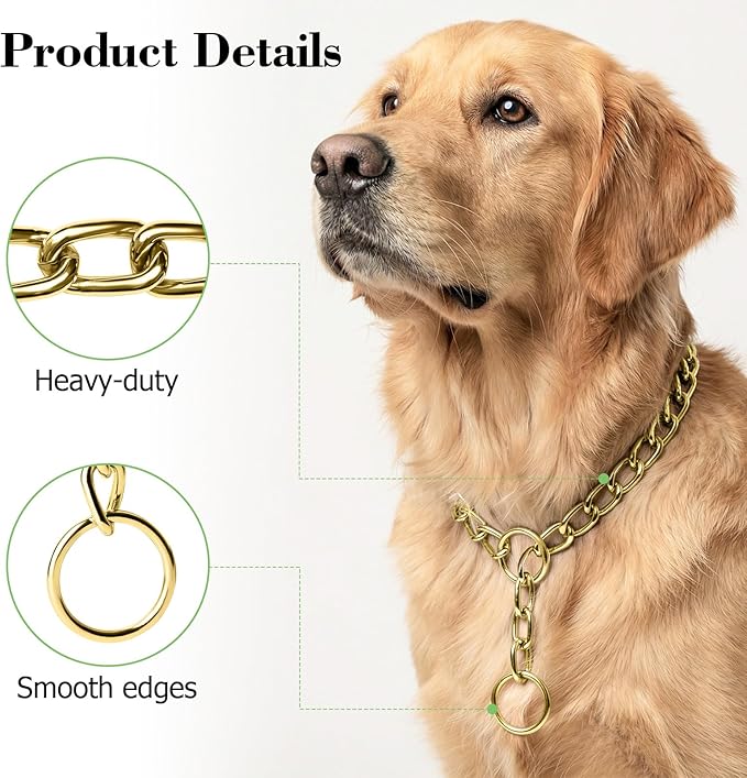 Chain Choke Collar for Dogs,Heavy Chain Dog Metal Training Choke Collars, Martingale Puppy Collars for XS Small Medium Large Big XL Breed Dogs (Gold, S(Neck Max 16inch) D2.5mm)