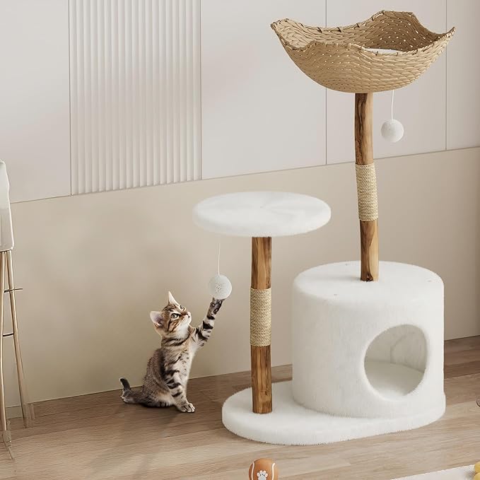 Real Wood Modern Cat Tree Tower, Cat Scratching Post with Bed for Indoor Cats with Natural Wicker Condo, Aesthetic Tree Stand, Boho Luxury Pet Furniture one Platform