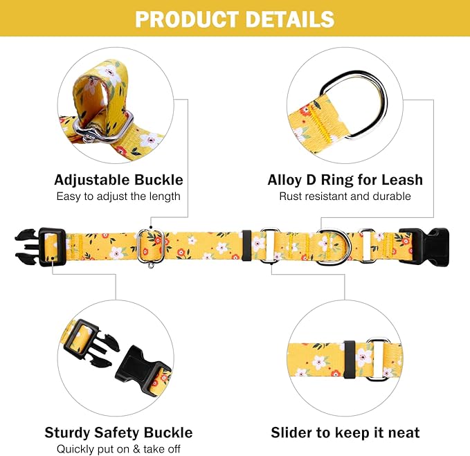 Hikiko Martingale Collar for Dogs Cute Floral Dog Collar for Small Medium Large Dogs Soft Nylon Quick Release Dog Collars (Yellow Flower,Large)