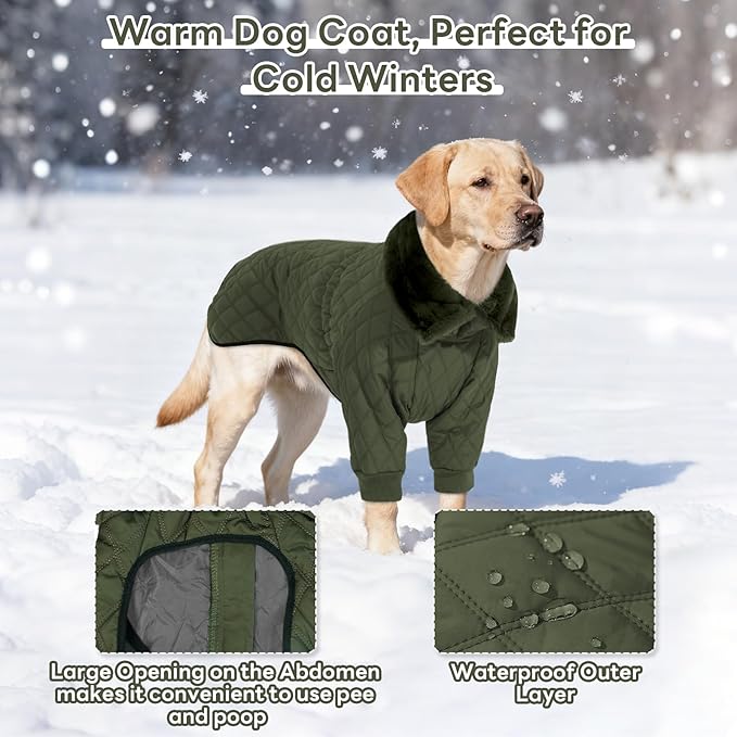 IDOMIK Dog Winter Coat for Large Dogs, Warm Dog Winter Jacket with Fleece High Collar, Zippered Cold Weather Coats for Dogs, Waterproof Doggy Snow Jacket Clothes,Green,L