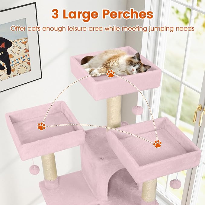PETSITE Multi-Level Cat Tree, 65 Inches Tall with Sisal Scratching Posts, Condos, Rotatable Cat Basket, Dangling Balls, and Sisal Ladder, Ideal for Indoor Cats to Play and Rest (Pink)