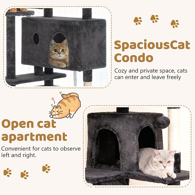 BestOffice 54 Inch Cat Tree, Multi-Level Cat Tower with Condo, Perches, Sisal Scratching Posts, Climbing Ladder,Indoor Activity Center Play House for Kittens & Adult Cats, Dark Gray