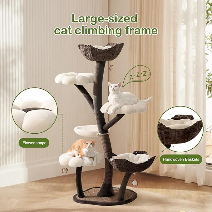 Blossom 59" Flower Cat Tree with Replaceable Flower Perches and Scratching Posts, Tall Cat Tower with Resting Platforms for Large/Small Cats Climbing, Multi-Level Cats Tower with Toy Balls