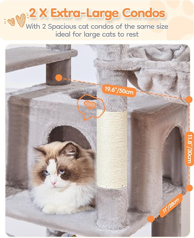 Taoqimiao 73 Inch Cat Tree XXL, Cat Tower for Indoor Cats, Large Cat Tree for Big Cats, Enlarged Platform, 2 Spacious Cat Condos, 9 Scratching Posts, 2 Cozy Baskets, F30W Light Gray