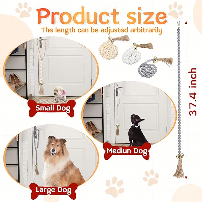 Patelai 3 Pcs Dog Bell for Door Potty Training Decorative Hanging Dog Door Bells Wooden Beads Adjustable Small Puppy Supplies for Pets Puppies Potty Training Accessories, 3 Colors