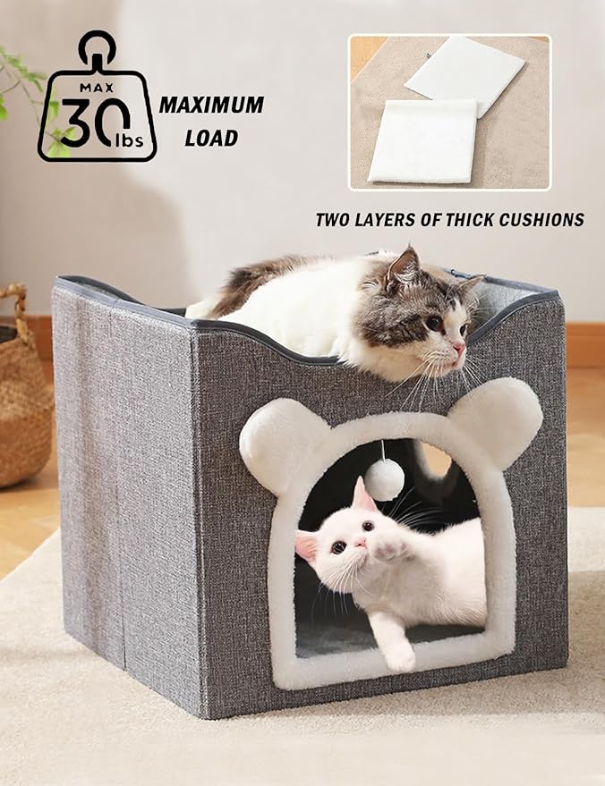 Cat Bed for Indoor Cats Foldable Cat Houses with Fluffy Ball and Scratch Pad Large Cat Cave Grey Cat Hideaway