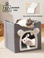 Cat Bed for Indoor Cats Foldable Cat Houses with Fluffy Ball and Scratch Pad Large Cat Cave Grey Cat Hideaway