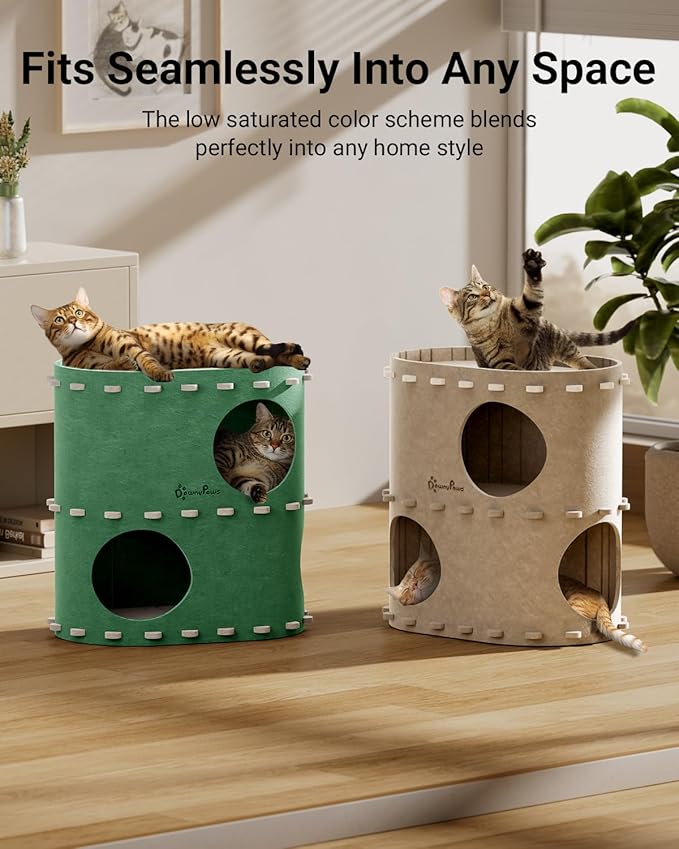 DownyPaws Cat House for Indoor Cats, 2-Storey Foldable Cat Bed Cave, Felt Cats Tunnel Bed Condo, Castle Kitten Cube Hideaway for Multicats, Scratch Resistant, Forest