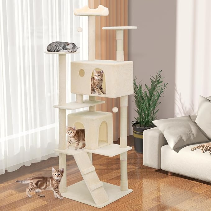 Tall Cat Tree with Scratching Post, 2 Cat Condos and Ladder, Cat Tower for Indoor Cats Kittens Climbing Tower with Anti-Tipping Rope, 77 Inch, Beige
