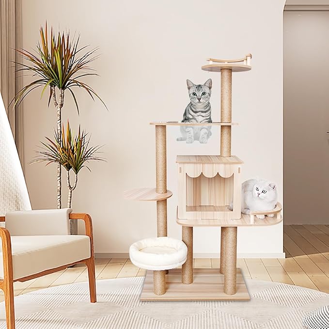 Wooden Cat Tree Tower, 52 Inch Tall Cat Tower for Indoor Cats, Multi-Level Cat Condo with Scratching Posts, 3 Space and Jumping Platforms