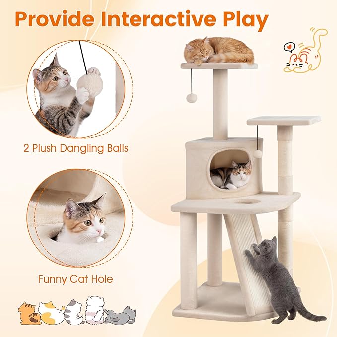 PETSITE 44-inch Multi-Level Cat Tree, Modern Cat Tower with Sisal Scratching Posts, Cozy Condo, Playful Cat Hole, Sisal Covered Ladder, and Dangling Ball, Ideal for Indoor Cats and Kittens (Beige)