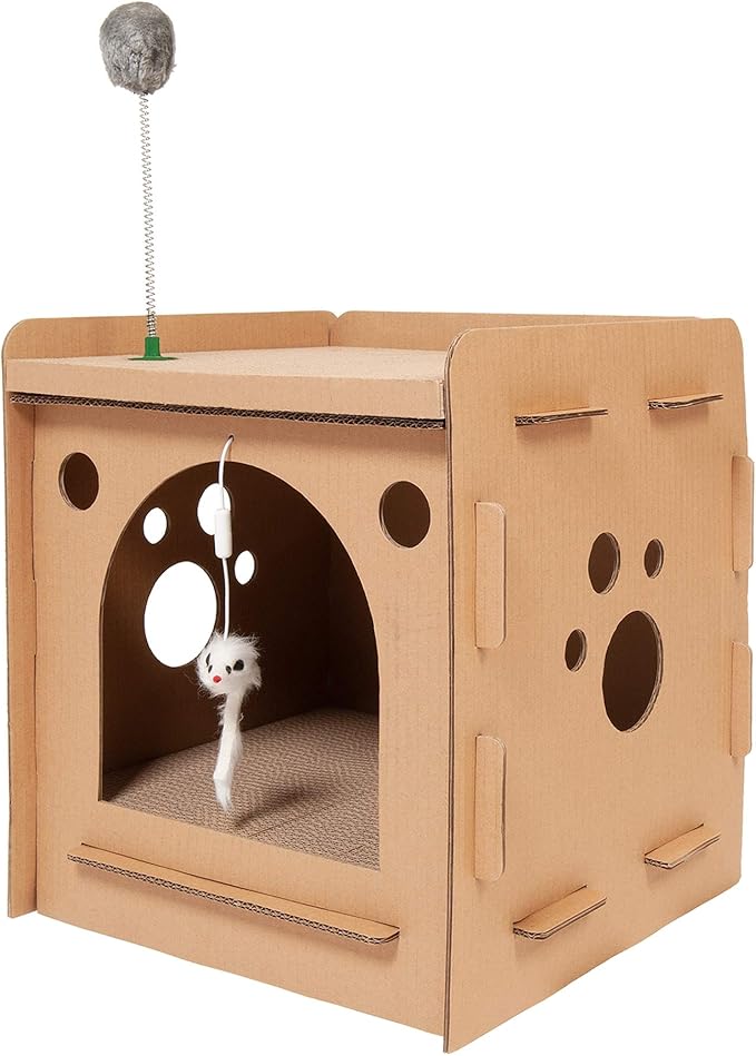 Furhaven Cardboard Cat House w/ Catnip for Indoor Cats, Ft. Scratching Pads & Toys - Modern Condo Corrugated Cat Scratcher Hideout - Cardboard Brown, One Size