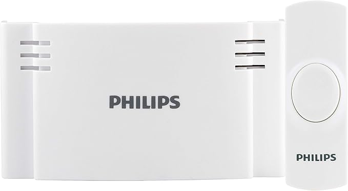 Philips Wireless Doorbell Kit, Battery-Operated Reciever, 1 Push Button, 2 Melodies, 4 Volume Levels, 150 Ft Range, White, DES1120W/27