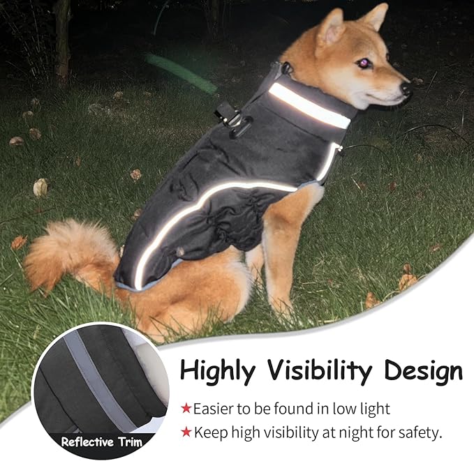 Malier Dog Coat, Reflective Dog Jacket Waterproof Windproof Puppy Cold Weather Coats with Harness Built in, Winter Extra Warm Pet Coat Fleece Vest for Small Large Pets and Puppy (Black, Medium)
