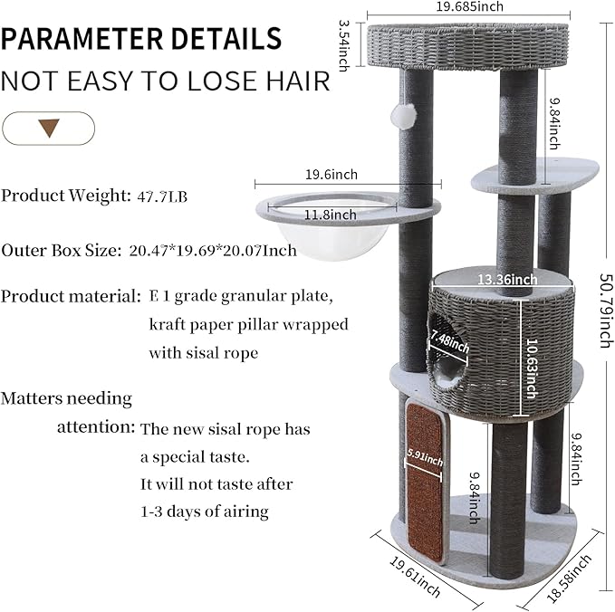 Modern Cat Tree for Indoor Cats, 50'' Multi-Level Cat Tower for Large Adult Cats, Sturdy Heavy Duty Design with 8 Sisal Scratching Posts 1 Board, Semi-Enclosed Condo, Space Capsule Perch