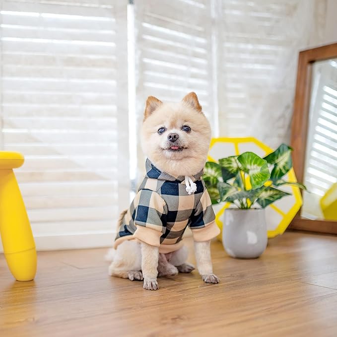 KOOLTAIL Plaid Dog Hoodie Pet Clothes Sweater with Hat and Pocket for Small Medium Large Size Dogs, Soft Winter Warm Dog Cold Weather Coat, Fleece Fall Dog Hooded Sweatshirt for Puppy Cats, Beige S