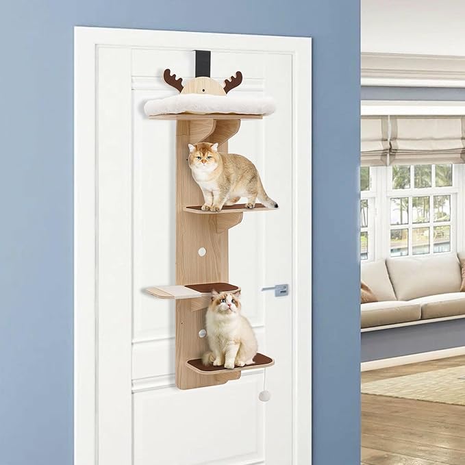 Door Hanging Cat Tree, 4-Tier Cat Climbing Frame W/Plush Ball,4.9ft Wooden Cat Ladde, 55lb Load Capacity & Sisal-Wrapped Scratching Board for Stair, Foyer, Living Room, Enclosed Balcony. (Frame+Nest)