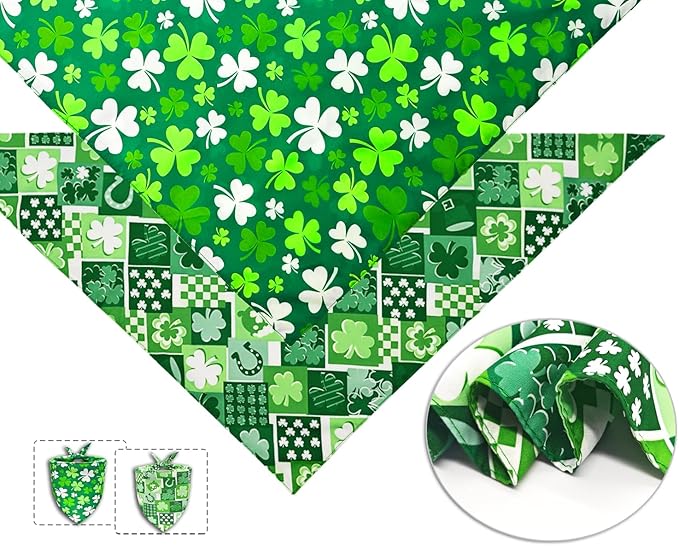 St. Patrick's Day Dog Bandanas 2PCS-XLarge,Irish Shamrock Design Scarves, Holiday Costumes,Pet Scarves for Boys and Girls,Dog Outfit Gifts for Extra Large Dogs(Green)