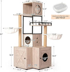 63" H Multi-Functional Cat Tree with Litter Box, Cat Tower Furniture with Removable Washable Cushion, Cat Scratching Posts & Toy Hanger, Modern Design Rustic Gray Cat House
