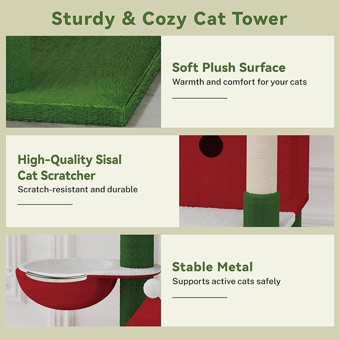63" Large Christmas Cat Tree Tower Indoor: Tall Modern Cute Heavy Duty Cat Condo House with Scratching Post & Hammock for Maine Coon