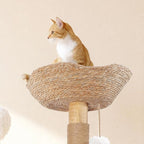 Cats Tree, 51" Modern Cat Tree Tower Natural Solid Wood Cat Furniture Luxury Condo & Dual Perches, Multi-Level Solid Wood Cat Tree Tower with Large Basket for Big Cats, White