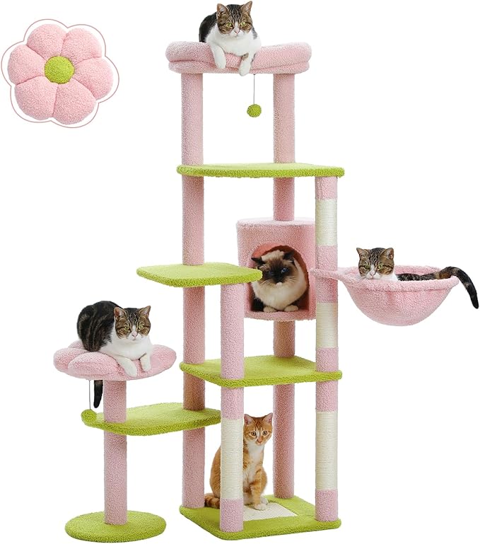 Flower Cat Tree for Large Cats, 59" Tall Cat Tower with Soft Flower Perch, Multi-Level Tower with Spacious Condo, Large Hammock and Scratching Posts, Sturdy Play House for Indoor Cats, Pink