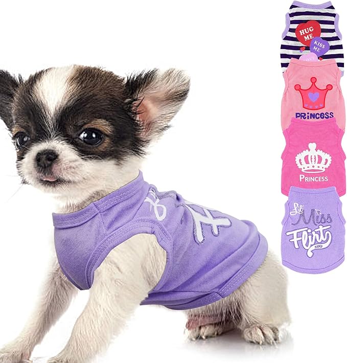 Generic 4 Pieces Summer Dog Clothes for Small Girls - Soft Puppy Shirts, Cute Chihuahua Teacup Outfits, Breathable Pet Clothing (Small, Pink, Purple)