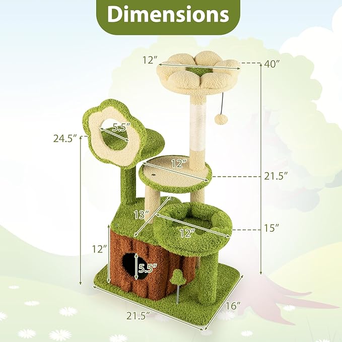 PETSITE Forest-Themed Multi-Level Cute Cat Tree, 40 Inches Tall with Sisal Scratching Posts, Condo, Dangling Ball, and Spring Toy, Ideal for Indoor Small & Medium Cats (21.5 x 16 x 40 inches)
