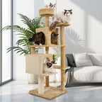 57.8" Large Cat Tree for Indoor Cat, Tall Cat Tower for Cat Adult, Durable Stable Multi-Level Cat Furniture, with Cat Condos, Cat Beds, Sisal Cat Scratching Posts, Hanging Pompoms (Beige)