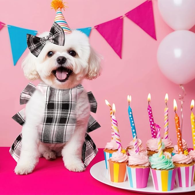 PETCARE Cute Dog Dress Clothes for Small Dogs Cats Girl Female Pink Plaid Bow Tie Dog Harness Dresses Leash Set with Pearls Bow Accessories Birthday Puppy Dress Shih Tzu Yorkies Chihuahua Outfits