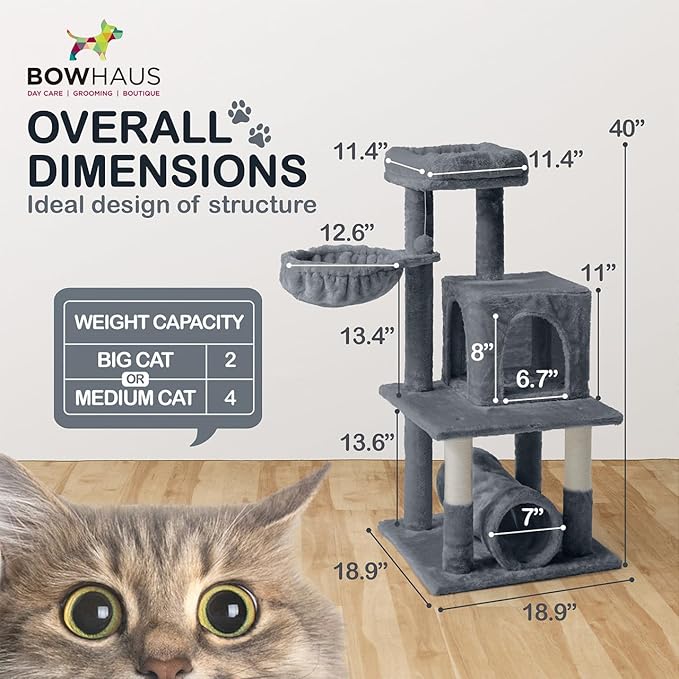 Tall Cat Tree for Indoor Large Cats or Kittens, Multi-Level Cat Activity Tree with Scratching Posts, Hammock, Cat Cave Condo, Modern Cute Small Cat Climbing Tower with Widened Perch